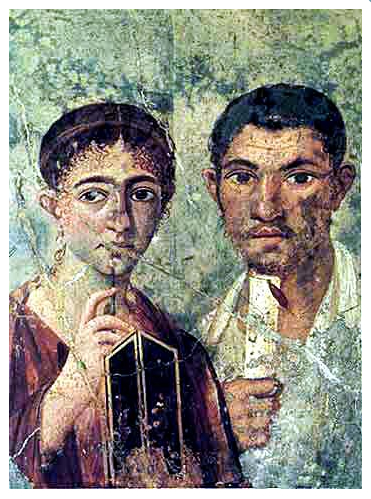 roman era couple 75 CE holding wax tablet and scroll