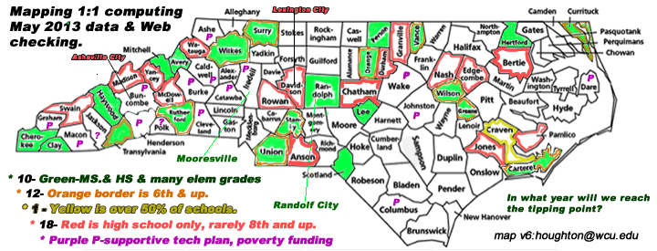 map of progress of NC school districts towards 1 to 1 computing availability
