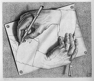 the drawing of two hands drawing each other by Escher