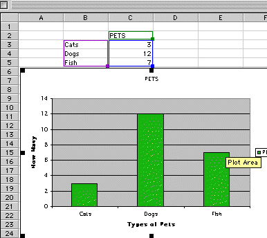 column bar graph of a survey of children's pets, 3 cats, 12 dogs and 7 fish