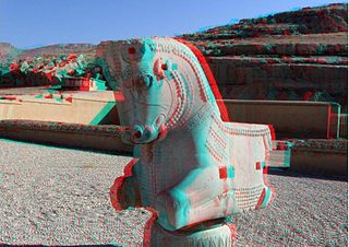 anaglyph of a statue at a Greek site, column head in Persepolis, Iran. 3d glasses red cyan.svg 3D red cyan glasses are recommended to view this image correctly).