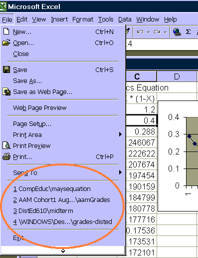 screen shot of Excel File menu