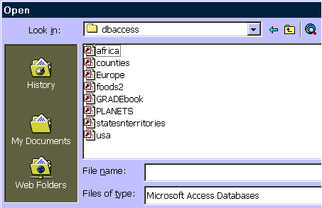 453x293 screen shot of list of files appearing from Open command in Access
