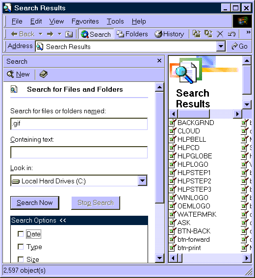 screen shot of Windows search window