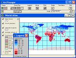 a screen shot of a map in ArcExplorer showing all continents, rivers and a color gradient showing Jan high temperature