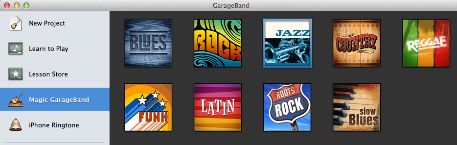 screenshot of the opening of Magic GarageBand showing the different music genre choices