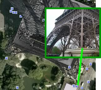 Eiffel Tower photo next to 3D design on top of satellite photo