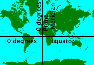 zero degree lines superimposed on map of the world