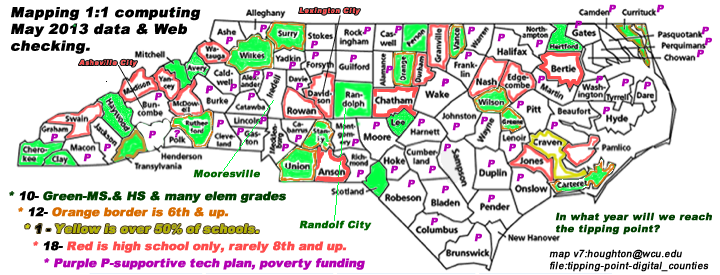 map of the 100 counties of the state of North Carolina, color coded to show the emergence of schools putting computers in the hands of every student in every classroom in the educational system